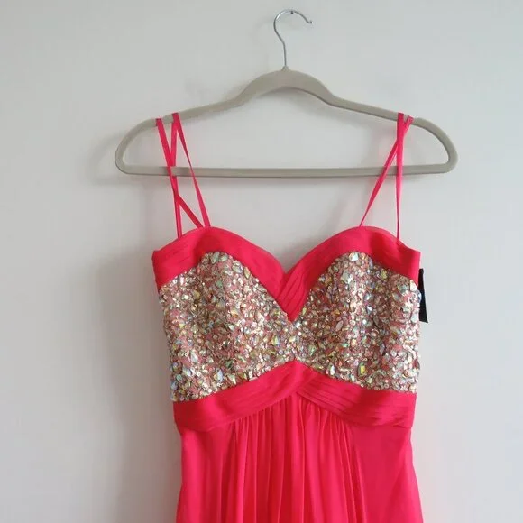 LA FEMME 18733 Beaded Bodice Chiffon Strapless Maxi Prom Dress Watermelon 4 NWT - Picture 3 of 15